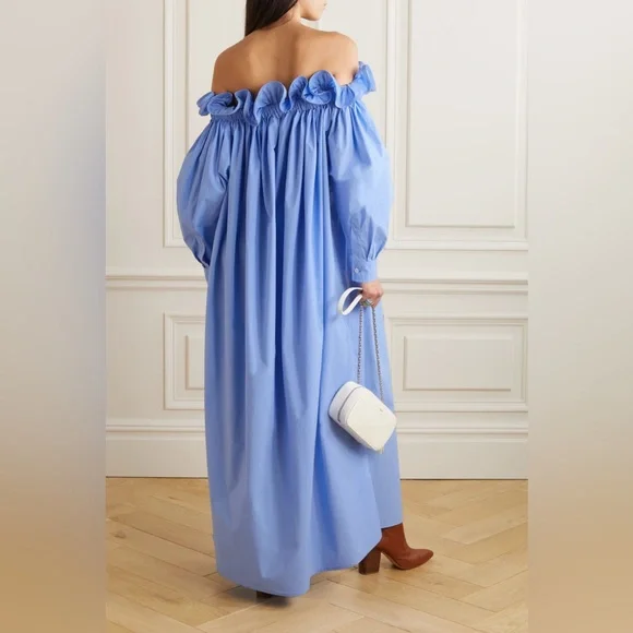 NWT AZ FACTORY+Lutz Huelle Sunset off-the-shoulder pleated cotton-poplin maxi - Picture 3 of 14